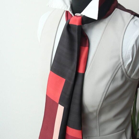 Red Black Maroon Square Ornament Silk Skinny Scarf - Picture 2 of 6